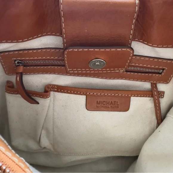 MICHAEL KORS Cognac Brown Gold Studded Leather Shoulder Tote Bag - Picture 13 of 16